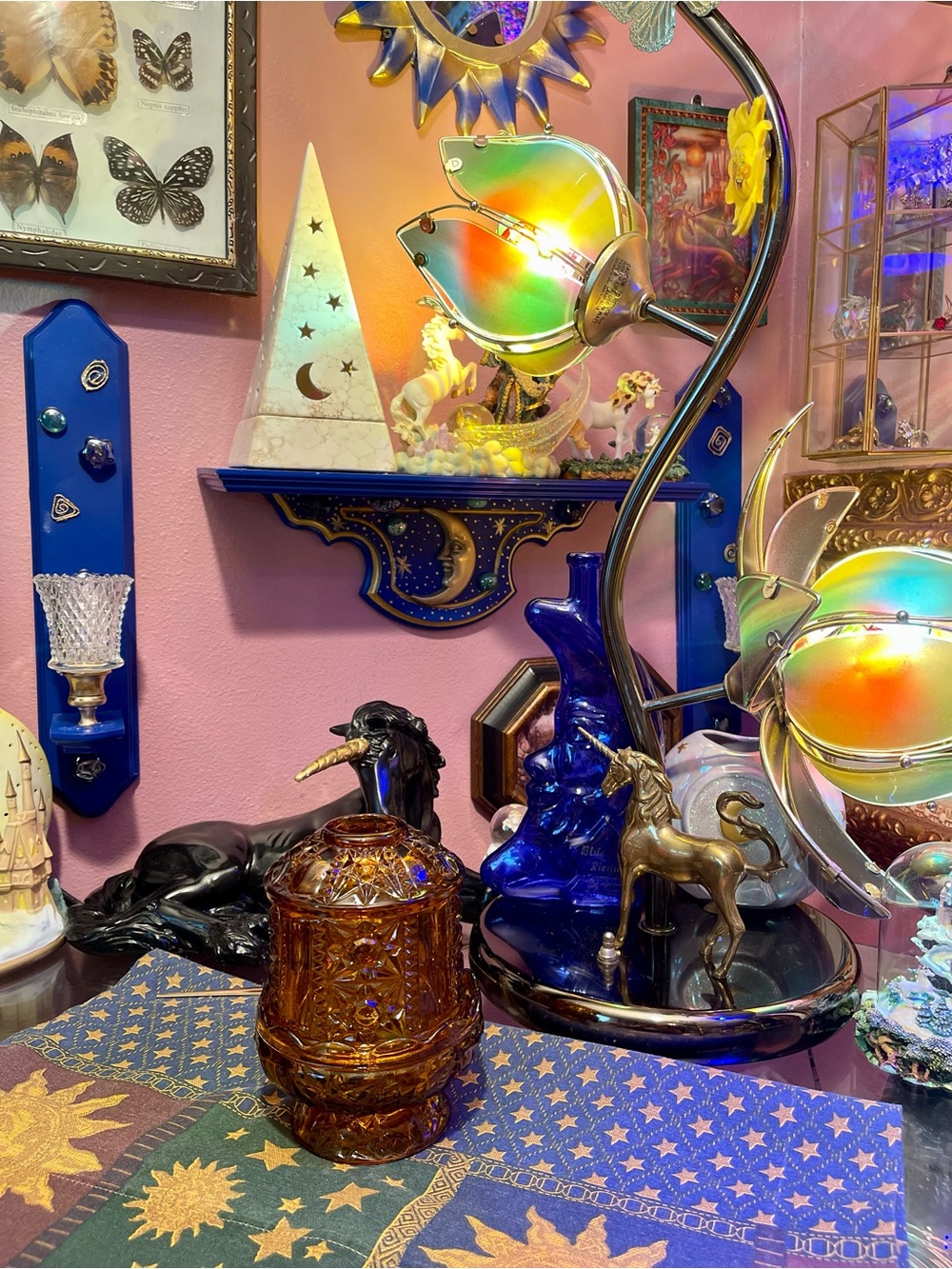 Vintage Indiana Amber Glass Fairy Lamp, Stars and Bars Fairy Light